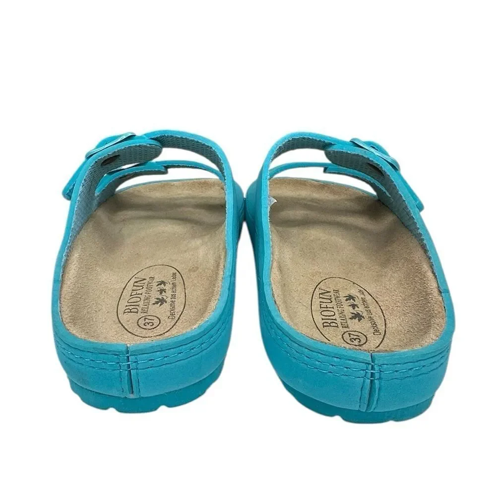 New Biofun Relaxing Footwear 2 Strap Turquoise Leather Sandals Women’s Size 6.5